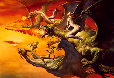 2_heads ambiguous_gender biped black_hair breasts breath_powers brown_hair claws elemental_manipulation female female/ambiguous female_on_feral feral fire fire_breathing fire_manipulation flying group hair long_hair multi_head nipples nude ponytail reins riding side_boob straddling tail wings boris_vallejo european_mythology mythology dragon human mammal mythological_creature mythological_scalie scalie western_dragon 1992