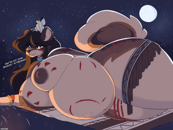 accessory anthro belly big_belly big_breasts bodypaint breasts butt campfire clothed clothing dialogue face_paint feather_in_hair feathers female fire fur hair hair_accessory jewelry loose_feather markings multicolored_body necklace night nipples nude open_mouth outside piercing plant pregnant pregnant_anthro pregnant_female sky smile solo star starry_sky tail text thick_thighs tree tribal tribal_markings two_tone_body veksim anshe_(veksim) canid canine canis mammal wolf digital_media_(artwork) hi_res