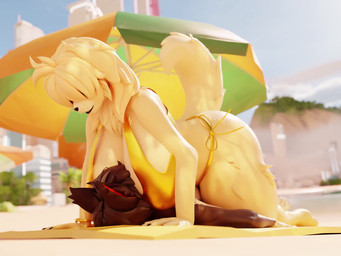 beach big_breasts big_butt bikini breasts butt clothing duo female gold_bikini hair hair_over_eyes larger_female male male/female size_difference smothering swimwear tail tail_motion tailwag two-piece_swimsuit mereo arknights hypergryph studio_montagne aak_(arknights) aak_(valorlynz) luna_(brilliantstar48) animated blender_(artwork) blender_cycles_(artwork) blender_eevee_(artwork) digital_media_(artwork) hi_res short_playtime video
