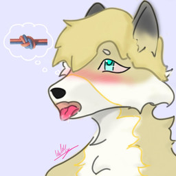 anthro blonde_hair blue_ears blue_eyes blush bodily_fluids breath fluffy flustered fur hair male panting saliva solo speech_bubble thought_bubble thoughts tongue tongue_out white_body white_fur waltyzwaffles fudgyfloof bird_dog canid canine canis domestic_dog golden_retriever hunting_dog mammal retriever 1:1 hi_res