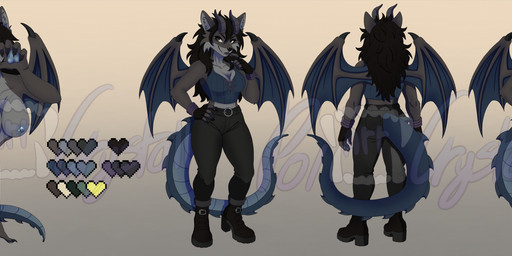 2_horns 4_toes 5_fingers anthro areola bangs belt belt_buckle bent_legs big_breasts black_belt black_boots black_bottomwear black_clothing black_eyebrows black_footwear black_hair black_nose black_pants blue_areola blue_clothing blue_crop_top blue_membrane blue_nipples blue_pawpads blue_shirt blue_spines blue_topwear blue_vulva blue_wings boots bottomwear breasts buckle cheek_tuft claws closed_smile clothed clothed_anthro clothed_female clothing color_swatch crop_top expressions eyebrows eyelashes facial_tuft fangs feet female female_anthro finger_claws fingers footwear fully_clothed fully_clothed_anthro fully_clothed_female fur genitals gradient_background green_eyes grey_body grey_fur grey_horn grey_lips hair hand_on_hip hand_on_own_hip hand_pawpads happy heart_symbol horn humanoid_genitalia humanoid_vulva leaning leaning_forward lips long_hair long_tail membrane_(anatomy) membranous_wings midriff mismatched_genitalia mismatched_humanoid_vulva mismatched_vulva mouth_closed multicolored_body multicolored_fur navel nipples nude nude_anthro nude_female pants pawpads paws pupils shirt shoes simple_background smile solo standing tail tail_spines teeth thick_bottom_lip thinking toe_claws toes topwear tuft two_tone_body two_tone_fur two_tone_tail two_tone_wings vulva white_pupils wing_claws wings polarrcrystall mythology marora_(b34rpo3r1o) canid canine canis dragon hybrid mammal mythological_creature mythological_scalie scalie winged_dragon wolf 2025 absurd_res colored digital_drawing_(artwork) digital_media_(artwork) english_description hi_res long_image model_sheet shaded watermark wide_image
