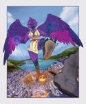 anthro breasts building city_destruction clothed clothing crush destruction dress feet female footwear hair looking_at_viewer macro outside pink_hair rampage sandals sea shoes solo water purple_pawn avian bird hi_res