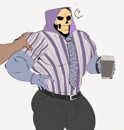 accessory belt black_bottomwear black_clothing black_pants black_sclera blue_body bone bottomwear bulge clothed clothing coffee_cup container cup hand_on_shoulder holding_coffee_cup holding_container holding_cup holding_object male mostly_offscreen_character muscular muscular_humanoid muscular_male necktie pants pattern_clothing pattern_shirt pattern_topwear question_mark red_eyes shirt simple_background skull skull_head striped_clothing striped_shirt striped_topwear stripes topwear white_background nalnahi1 masters_of_the_universe masters_of_the_universe_(2026) mattel skeletor humanoid 2026 digital_media_(artwork)