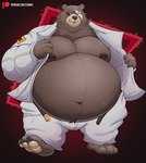 anthro belly big_belly black_nose bottomwear clothed clothing humanoid_hands male moobs navel nipples open_clothing open_shirt open_topwear overweight overweight_anthro overweight_male pants scar shirt solo text topwear stompsyeen mihoyo zenless_zone_zero ben_bigger bear mammal 2022 hi_res url