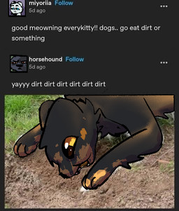 4_fingers ambiguous_gender anthro arm_tuft biped black_body black_eyebrows black_fur black_nose black_sclera blue_eyes brown_eyes chest_tuft dialogue dirt dirty_face dirty_fur dirty_hands duo eating eating_dirt ellipsis exclamation_point eyebrows fangs fingers fluffy fluffy_chest fur geophagy glistening glistening_eyes grass happy head_tuft humor insult lying narrowed_eyes neck_tuft on_front open_mouth orange_sclera orange_tongue photo_background plant raised_eyebrows screencap shitpost snout social_media teeth text tongue tuft user_interface website white_body white_fur wickflix casualties:_unknown gunsaw tumblr canid canine expie_(gunsawian) fox gunsawian hybrid mammal milky_(gunsawian) murid murine rat rodent 2026 aliasing binary_drawing digital_drawing_(artwork) digital_media_(artwork) english_text meme mixed_media photography_(artwork) shaded