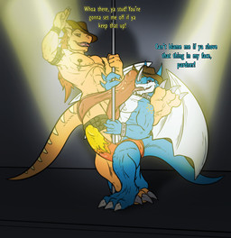 abs anthro aroused balls big_balls big_bulge big_penis big_tail bottomwear bulge bulge_lick claws clothed clothing cowboy_hat dancing detailed_bulge duo erection feet flirting genitals grin hand_on_pole hat headgear headwear huge_balls huge_bulge huge_penis hyper hyper_balls hyper_bulge hyper_genitalia hyper_penis kneeling leaning leaning_backward leg_over_shoulder licking looking_at_viewer male male/male muscular nipple_piercing nipples on_one_knee paws pecs penis piercing pole pole_dancing public public_erection public_exposure revealing_outfit seductive shorts sketchy skimpy smile soles speedo stretchy_fabric swimwear tail talking_to_another talking_to_partner teasing tenting text tight_bottomwear tight_bulges tight_clothing tight_shorts tight_underwear tongue tongue_out underwear conditional_dnp samagthrav2 bandai_namco digimon drake_(dragoneye11) greyson_(lumardrian) digimon_(species) exveemon wargreymon absurd_res english_text hi_res