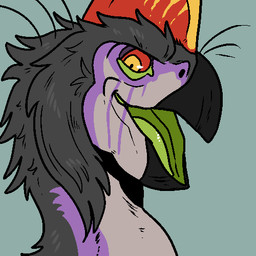 ambiguous_gender beak black_beak blue_background feral fur glistening glistening_eyes green_tongue grey_body grey_fur long_neck open_mouth purple_body purple_fur red_sclera simple_background solo tongue unsigned yellow_eyes swampjaws dinosaur oviraptor oviraptorid oviraptorosaur prehistoric_species reptile saurischian scalie theropod 1:1 low_res