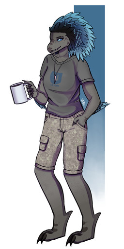 4_fingers anthro arm_feathers arm_tuft blue_body blue_feathers bottomwear clothing container cup digitigrade feather_hair feathered_crest feathers female fingers grey_body grey_scales hand_in_pocket head_crest holding_container holding_cup holding_mug holding_object jewelry mug necklace pendant pockets pseudo_hair scales shirt shorts simple_background solo spurs_(anatomy) standing topwear tuft monstergirlreality halo_(series) microsoft xbox_game_studios k'ryn_hy_t'zek alien avian kig-yar scalie t'vaoan absurd_res colored hi_res
