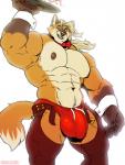 anthro biceps big_muscles blonde_hair blue_eyes bulge chaps claws clothed clothing fur hair huge_muscles hyper hyper_muscles male muscular muscular_anthro muscular_male pecs simple_background smile solo kihu thoron canid canine fox mammal 2016