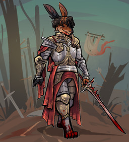 anthro armor arrow_(weapon) biped blood blood_on_face blood_on_weapon bodily_fluids fingers hair holding_melee_weapon holding_object holding_sword holding_weapon inner_ear_fluff male melee_weapon plant ranged_weapon solo sword tree tuft weapon jam_(artist) hare lagomorph leporid mammal