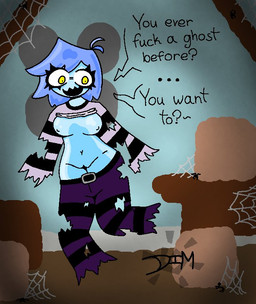 clothed clothing detailed_background dialogue female partially_clothed presenting solo text dimsun sammy_(dimsun) ghost human mammal spirit english_text