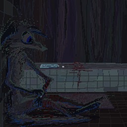 anthro bathroom bathtub blood bodily_fluids detailed_background fur gore grey_body grey_fur male scar self-harm self-harm_scars solo demensa emil_(demensa) canid canine canis coyote domestic_dog hybrid mammal 1:1 2019 dark_theme digital_media_(artwork) pixel_(artwork)
