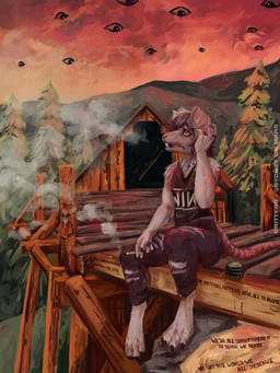 anthro bad_trip cabin clothed clothing drugs evergreen_tree forest grinder hallucination joint joint_in_hand male marijuana painterly pine_tree plant red_sky shirt sky smoke smoking text text_on_clothing text_on_shirt text_on_topwear topwear tree worried critters_collective sydney_onmars nine_inch_nails mammal murid murine rat rodent 3:4 absurd_res hi_res painting_(artwork)