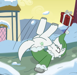 box clothing container costume cutie_mark falling feral gift_box hooves male ponyville santa_costume sky snow solo apollo_caelum_(artist) hasbro my_little_pony apollo_caelum emerald_sunshine equid equine horse mammal pony digital_media_(artwork) full-length_portrait hi_res portrait