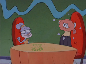 anthro blinking bow_tie buckteeth chair clothing dress duo face_punch female fur furniture grey_body grey_fur male open_mouth orange_body orange_fur punch punched sitting table teeth tongue tongue_out rockosedits disney zootopia judy_hopps nick_wilde canid canine fox lagomorph leporid mammal rabbit 2025 4:3 animated