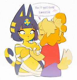 anthro bandage bandages_only bangs bell blue_ears blue_eyes blue_hair bob_cut bottomwear breast_squeeze breasts clothing duo eye_bags female female/female hair jingle_bell markings mummy_wrappings navel purple_bottomwear purple_clothing purple_skirt red_clothing red_shirt red_topwear shirt short_hair skirt squeezing striped_markings striped_tail stripes tail tail_markings tied_hair topwear uraeus white_sclera yellow_body yellow_inner_ear yellow_tail lenny-chi animal_crossing nintendo ankha_(animal_crossing) isabelle_(animal_crossing) canid canine canis domestic_cat domestic_dog felid feline felis mammal 2024 digital_media_(artwork)