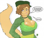 anthro big_breasts blue_eyes breasts brown_hair dialogue eyewear female glasses hair looking_at_viewer simple_background solo tail talking_to_viewer text white_background holimount felid mammal english_text