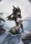 anthro areola biped breasts eyewear female glasses grey_nipples hair half-closed_eyes jewelry looking_at_viewer markings narrowed_eyes navel necklace nipples non-mammal_breasts non-mammal_nipples nude outside small_waist smile solo standing thick_thighs water wide_hips vashaa taree fish marine shark 2016