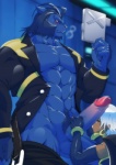 abs african anthro armwear athletic balls belt biceps big_muscles big_penis black_nose blue_body blue_fur blue_hair blush bodily_fluids bottomless bottomwear brown_body brown_skin claws clothed clothing digitigrade duo elbow_gloves erection eyes_closed fellatio female fur genital_fluids genitals gloves hair handwear human_on_anthro humanoid_genitalia humanoid_penis interspecies jacket jewelry male male/female muscular muscular_male open_clothing open_mouth open_shirt open_topwear oral pants partially_clothed paws pecs penile penis precum scientist sex shirt standing sweat thick_penis tongue tongue_out topwear white_hair yellow_eyes amakuchi marvel x-men beast_(marvel) storm_(marvel) human mammal 2011 censored mosaic_censorship