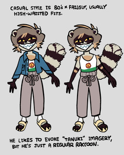 anthro black_body black_fur bottomwear brown_body brown_fur clothing footwear fur grey_body grey_fur grin male pants shirt shoes slippers smile solo sweatpants tank_top text topwear yellow_eyes shen_comix shen_(shen_comix) mammal procyonid raccoon english_text hi_res model_sheet