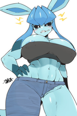abs anthro anthrofied areola areola_slip barely_visible_genitalia barely_visible_vulva big_breasts biped black_sclera blue_body blue_fur blush breasts cigarette clothing eyelashes female fingers fur genitals looking_down low-angle_view navel nipple_outline pokemorph simple_background solo teeth thick_thighs torn_clothing vulva white_background white_eyes wide_hips shaolin_bones nintendo pokemon eeveelution generation_4_pokemon glaceon pokemon_(species) absurd_res hi_res