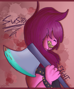 5_fingers ambiguous_gender anthro axe blood bodily_fluids bracelet fangs female fingers freckles hair jewelry melee_weapon messy_hair pink_body pink_hair pink_skin red_background simple_background smile solo spiked_bracelet spikes teeth tomboy weapon yellow_teeth goatboyalex deltarune undertale_(series) susie_(deltarune) lizard reptile scalie 2018 5:6 female_(lore)