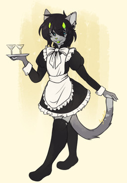 anthro apron beverage bow_(feature) clothing costume dress_up femboy footwear horn legwear maid_apron maid_uniform male piercing pose servant serving socks solo teasing thigh_highs uniform hypohate yanma_(hypohate) domestic_cat felid feline felis mammal absurd_res hi_res