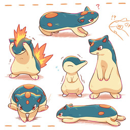 ambiguous_gender bodily_fluids duo eyes_closed feral interrobang looking_at_viewer lying multicolored_body on_front on_hind_legs open_mouth pawpads paws question_mark red_eyes simple_background solo sweat sweatdrop two_tone_body nekogyo122 nintendo pokemon cyndaquil generation_2_pokemon pokemon_(species) quilava 1:1 2024 hi_res