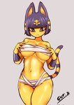 2021 animal_crossing ankha_(animal_crossing) anthro bandage big_breasts black_eyes blue_body blue_fur blue_hair blush breasts chest_wraps claws domestic_cat egyptian felid feline felis female fingers fur gojich1 grey_background hair hand_on_breast headdress hi_res looking_at_viewer mammal markings multicolored_body multicolored_fur navel nintendo raised_tail signature simple_background solo standing striped_markings striped_tail stripes tail tail_markings thigh_gap uraeus wraps yellow_body yellow_fur