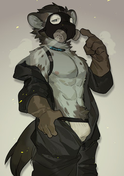 5_fingers abs anthro athletic athletic_anthro athletic_male bare_chest black_bottomwear black_clothing black_hair black_mask black_pants black_topwear body_hair bottomwear brown_body brown_clothing brown_fur brown_gloves brown_handwear bulge clothed clothing fingers fur gas_mask gesture gloves gradient_background grey_body grey_eyes grey_fur hair half-closed_eyes hand_gesture handwear happy_trail inner_ear_fluff jockstrap jumpsuit kemono looking_at_viewer male markings mask muscular narrowed_eyes navel nipples no_pupils pants partially_clothed pink_nipples pointing pointing_at_self simple_background smoke solo spots spotted_body spotted_fur standing topwear tuft underwear undressing unzipped white_clothing white_underwear zipper milkybot arknights hypergryph studio_montagne spot_(arknights) hyena mammal 2021 absurd_res hi_res
