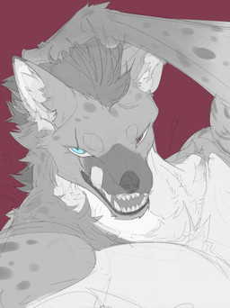 anthro blue_eyes brown_eyes countershade_face countershade_fur countershade_torso countershading dark_body dark_fur eye_scar eyebrows facial_scar fangs fur gums hand_on_own_head heterochromia inner_ear_fluff licking licking_lips light_body light_fur looking_at_viewer male markings nude_anthro nude_male open_mouth red_background scar self_lick simple_background solo spots spotted_arms spotted_body spotted_face spotted_fur teeth tongue tongue_out tuft white_sclera chiayeeee kalrido_(nocturnewolf) hyena mammal 2023 absurd_res bust_portrait digital_drawing_(artwork) digital_media_(artwork) hi_res portrait