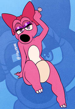anthro between_thighs bow_ribbon claws egg female snout solo thick_thighs toe_claws sodasplode mario_bros nintendo birdo dinosaur prehistoric_species reptile scalie hi_res