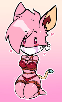 anthro arms_tied bdsm bondage bound bra breasts chest_tuft chibi cloth_gag clothing female fur gag gagged gradient_background hair hands_behind_back heart_symbol kneeling legs_tied medium_breasts panties pink_body pink_eyes pink_fur pink_hair red_bra red_clothing red_panties red_underwear restraints rope rope_bondage simple_background solo tuft underwear jamoart mathilda_(jamoart) mammal mouse murid murine rodent 2022