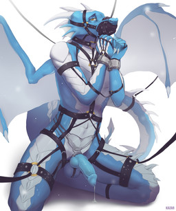 anthro balls bdsm bodily_fluids bondage bound chain chained chastity_belt chastity_device claws collar cuff_(restraint) erection gag genital_fluids genitals kneeling leather leather_cuffs looking_at_viewer male membrane_(anatomy) membranous_wings metal_cuffs muzzle_(object) nude penis phallic_chastity_device restrained restraints shackles simple_background solo submissive submissive_male tail wings kazarart mythology ws5000 dragon mythological_creature mythological_scalie reptile scalie 5:6 absurd_res digital_media_(artwork) hi_res
