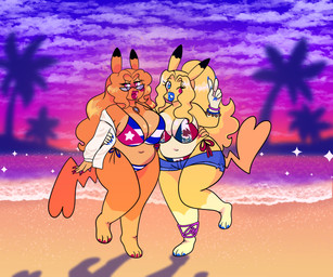 anthro beach big_breasts big_butt bikini blue_eyes blue_lips blue_lipstick blue_makeup blue_nail_polish blue_nails blush bracelet breasts butt clothing colored_nails cuba cuban_flag cuban_flag_bikini duo eyewear female flag flag_bikini flag_print flag_swimwear fur glasses hair jewelry large_hair lighter_belly lips lipstick long_nails looking_at_viewer makeup mexican mexican_flag mexican_flag_bikini nails necklace orange_body orange_fur ponytail pose red_eyes red_lips red_lipstick red_makeup red_nail_polish red_nails slightly_chubby smile sunset swimwear tail two-piece_swimsuit wearing_glasses wide_hips yellow_body yellow_fur hsweetfeather nintendo pokemon diamond_rodriguez_(mitzapizza) nicol_perez_the_pikagal generation_1_pokemon pikachu pokemon_(species) shiny_pokemon absurd_res hi_res