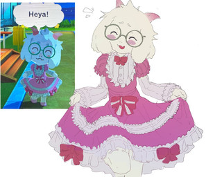 2_horns anthro black_text blush blush_lines bodily_fluids bow_ribbon clothed clothed_anthro clothed_male clothing crossdressing crossdressing_male curtsey dialogue dress eyebrows eyes_closed eyewear flesh_fang floppy_ears flying_sweatdrops frilly frilly_clothing frilly_dress fur glasses green_eyewear green_glasses hair happy horn male on_one_leg open_mouth open_smile pink_clothing pink_dress pink_horn ribbons round_glasses simple_background smile solo speech_bubble standing sweat sweatdrop text wearing_glasses white_background white_body white_eyebrows white_fur white_hair pawfless deltarune tomodachi_life undertale_(series) ralsei bovid caprine goat mammal 2026 english_text reference_image