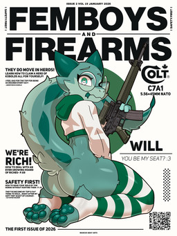 anthro bottomless butt clothed clothing cropped_hoodie eyewear feet femboy fluffy glasses green_body green_eyes green_pawpads gun heart_eyes heart_symbol holding_gun holding_object holding_ranged_weapon holding_weapon kneeling legwear looking_at_viewer looking_back looking_back_at_viewer male pattern_clothing pattern_legwear pawpads paws qr_code ranged_weapon rear_view round_glasses solo striped_clothing striped_legwear stripes text thigh_highs toes weapon marcus_gray femboys_and_firearms kobold scalie 3:4 cover english_text hi_res magazine_cover