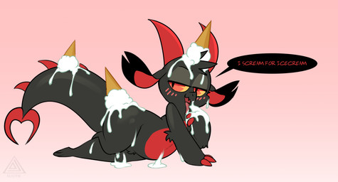 ambiguous_gender anthro black_body blush claws dessert dripping food food_fetish fur horn humor ice_cream licking open_mouth pose simple_background smile solo suggestive suggestive_food tail text thick_thighs tongue tongue_out elicitie chikn_nuggit mythology fwench_fwy_(chikn_nuggit) dragon mythological_creature mythological_scalie scalie absurd_res digital_media_(artwork) hi_res meme pinup nonbinary_(lore)