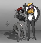 anthro black_body black_fur black_hair breasts clothed clothing duo eyewear female fur glasses grey_body grey_fur hair hat headgear headwear navel off_shoulder panties purple_hair under_boob underwear sailoranna tracy_(sailoranna) violet_(sailoranna) mammal mephitid procyonid raccoon skunk 2016 hi_res