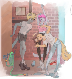 anthro barefoot blonde_hair bottomwear breasts brickwall brown_hair clothing feet female footwear gesture group hair hand_gesture looking_at_viewer male one_eye_closed pants pink_hair puddle shirt shoes shorts smile stretching tail tongue tongue_out topwear v_sign water_hose wet white_clothing white_shirt white_topwear corablue canid felid mammal 2025 digital_media_(artwork) hi_res