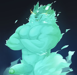 anthro balls barazoku biceps big_muscles big_pecs big_penis biped blue_background colored_fire crossed_arms deltoids erection fangs fire foreskin genitals glans glowing glowing_eyes green_body green_fire green_glans green_penis humanoid_genitalia humanoid_penis looking_at_viewer male male_anthro manly muscular muscular_anthro muscular_male navel nude nude_anthro nude_male open_mouth open_smile partially_retracted_foreskin pecs penis simple_background smile smiling_at_viewer solo standing teeth three-quarter_view vein veiny_penis yellow_eyes theor honkai:_star_rail honkai_(series) mihoyo mr_tail_(honkai:_star_rail) canid canine fox ghost heliobi mammal spirit digital_media_(artwork) hi_res portrait shaded three-quarter_portrait