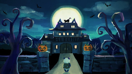 anthro backpack black_body black_fur building chibi detailed_background fur group holidays house jack-o'-lantern moon night outside plant standing tree white_body white_fur araru halloween bat bear domestic_cat felid feline felis giant_panda mammal 16:9 2019 hi_res widescreen