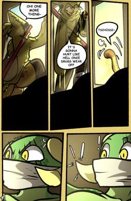 anthro cloth_gag clothed clothing dialogue duo female gag gagged horn melee_weapon speech_bubble tail text weapon yellow_eyes brradett kat_(irresistable) lernie_(brradett) felid feline mammal scalie absurd_res colored comic digital_media_(artwork) english_text hi_res