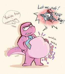 1_eye abdominal_bulge accessory angry annoyed anthro belly big_belly cutaway duo internal machine male necktie pink_body rumbling_stomach scratching_belly simple_background soft_vore standing tail teeth text unwilling_prey vore g3xa gameoverse glitch_productions gobbles_(gameoverse) kaboodle_(gameoverse) dinosaur prehistoric_species reptile robot scalie 2026 absurd_res english_text handwritten_text hi_res signature