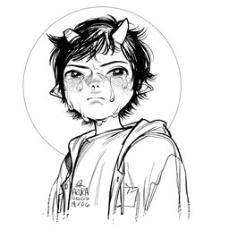 bodily_fluids broken_horn clothed clothing crying female glistening glistening_eyes hair horn humanoid_pointy_ears jacket looking_at_viewer messy_hair mouth_closed not_furry pointy_ears sad short_hair simple_background solo tears topwear azuza humanoid 1:1 2020 dated half-length_portrait monochrome portrait signature