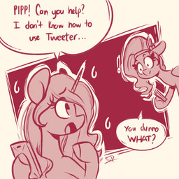 asking bodily_fluids calling_for_help cellphone dialogue duo electronics female horn name_drop name_in_dialogue phone question smartphone speech_bubble sweat sweatdrop talking_to_another text yes-no_question scribble-potato hasbro mlp_g5 my_little_pony mythology izzy_moonbow_(mlp) pipp_petals_(mlp) equid equine mammal mythological_creature mythological_equine unicorn 1:1 english_text monochrome