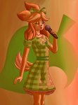 anthro breasts brown_eyes brown_nose checkered checkered_clothing clothed clothing curvy_figure dress electronics female fingers floppy_ears fur green_clothing green_dress green_ribbon happy holding_microphone holding_object microphone multicolored_body multicolored_fur one_eye_closed open_mouth orange_body orange_ears orange_fur pattern_clothing pink_tongue ribbons simple_background singing small_breasts solo standing tongue white_body white_fur yellow_body yellow_fur demongirl_demoness animal_crossing nintendo isabelle_(animal_crossing) canid canine canis domestic_dog mammal shih_tzu toy_dog 2022 absurd_res digital_drawing_(artwork) digital_media_(artwork) hi_res portrait three-quarter_portrait