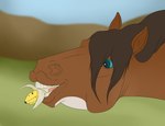 ambiguous_gender banana bite blue_eyes brown_body brown_hair brown_mane feral flehmen_response food fruit hair mane open_mouth plant simple_background solo teeth theodrekr dolero equid equine horse mammal digital_media_(artwork)