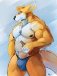 alcohol anthro beer beverage bulge clothed clothing dog_tags fur male musclegut muscular muscular_anthro muscular_male nipples simple_background slightly_chubby solo standing topless underwear solaxe_(artist) solaxe kangaroo macropod mammal marsupial 2017 3:4