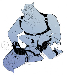 anthro balls blush bodily_fluids bottomwear chest_harness clothed clothing covering covering_mouth cum cum_on_chest duo feet genital_fluids genitals gloves grin handwear harness humanoid_genitalia humanoid_penis kneeling looking_down looking_down_at_partner lying male male/male muscular muscular_male on_back open_bottomwear open_clothing open_shorts penis raised_hips shorts simple_background smile spread_legs spreading sweat talons toes hentaib disney ducktales ducktales_(2017) falcon_graves mark_beaks african_grey afrotropical_parrot avian bird falcon falconid parrot true_parrot hi_res